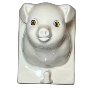 Vintage White Ceramic Pig Wall Hanger Amber Eyes, Hand Towel, Apron Holder Mount